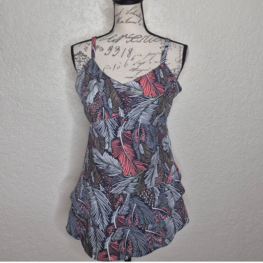 Gap Women Coral Grey Tropical Feather Print Tiered Ruffle Camisole Top Medium